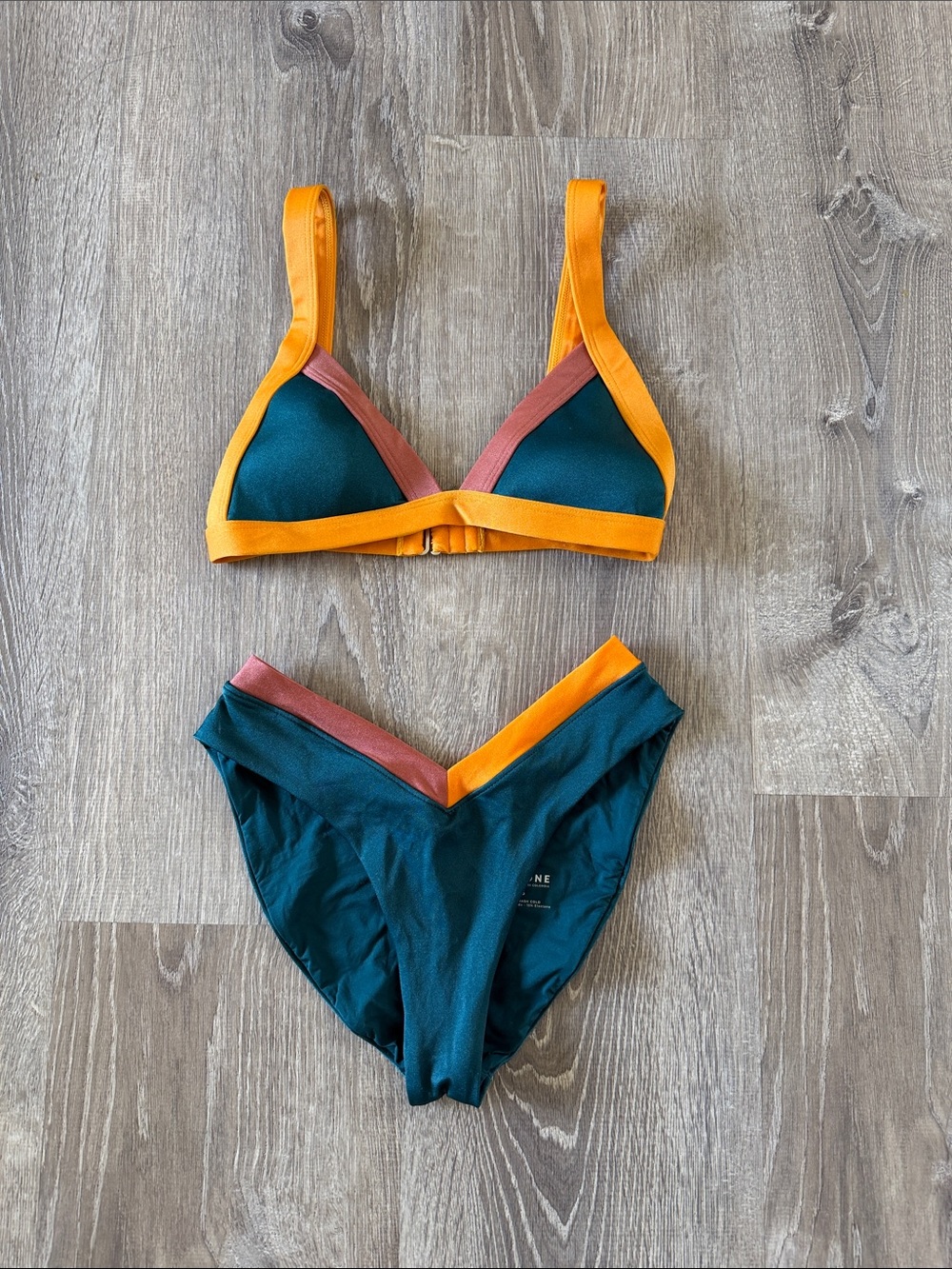ONEONE Triangle Bikini in Teal with Orange & Rose Trim